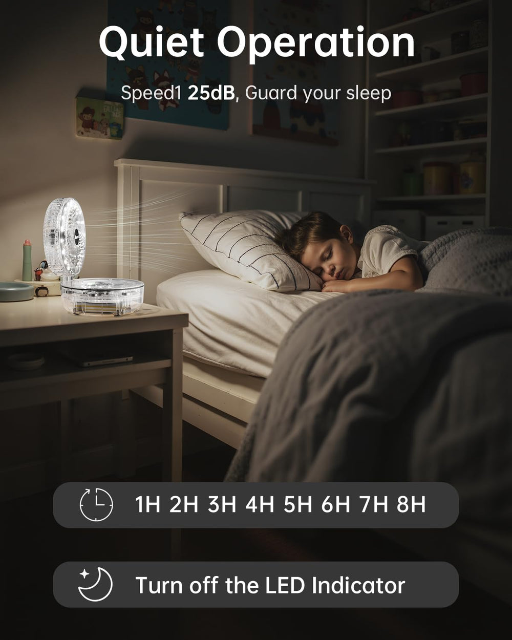 AMACOOL Transparent Folding Desk Fan battery status display shows runtime potential for planning outdoor use.