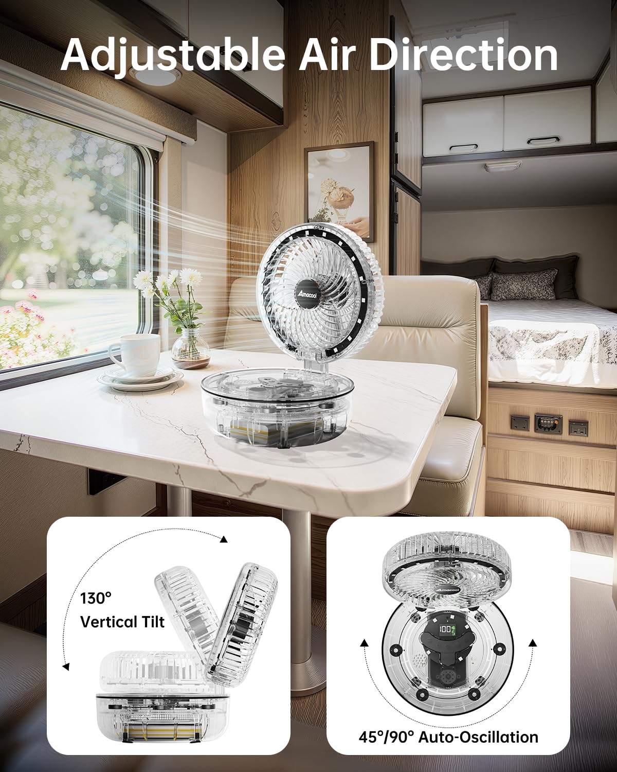AMACOOL Transparent Folding Desk Fan LED light modes provide cozy ambience for evenings, gaming, or relaxing.