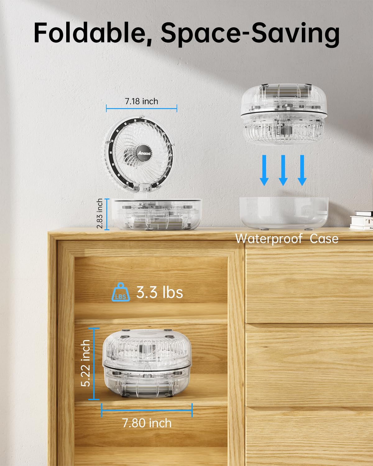 AMACOOL Transparent Folding Desk Fan travel-friendly design with carrying case supports camping and RV trips.
