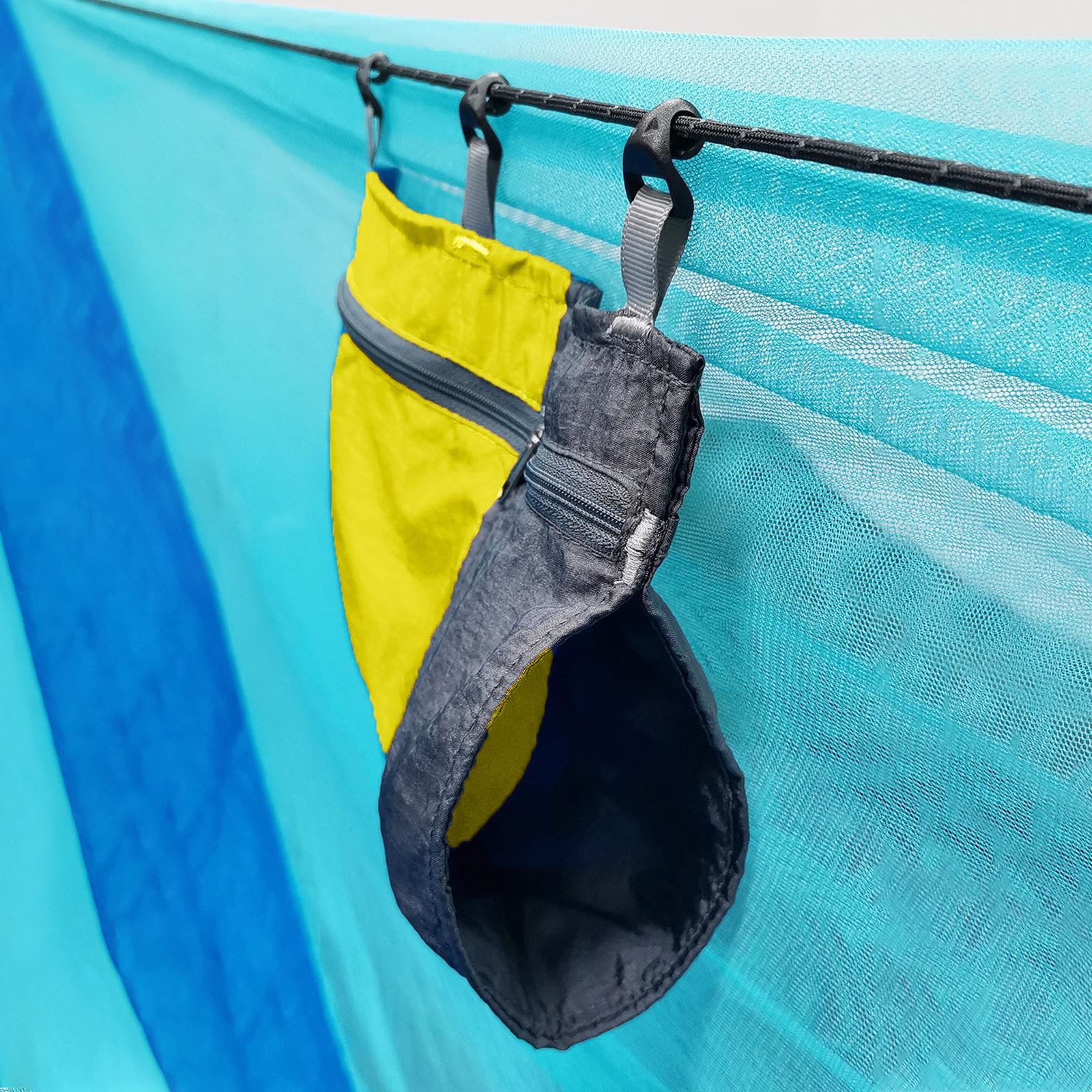 Amagogo Hammock Organizer Bag yellow open pocket layout shows five pockets