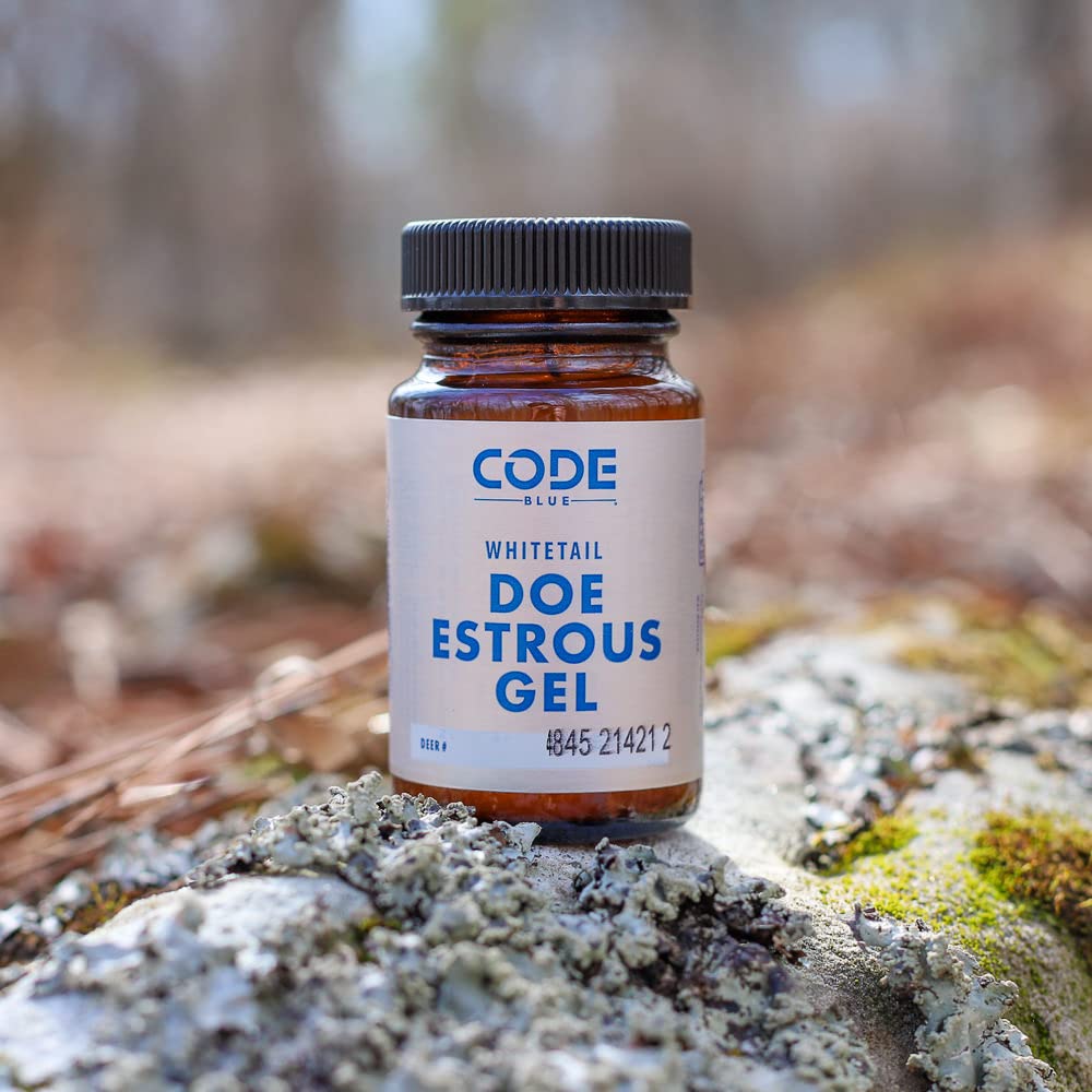 Amber glass bottle of Code Blue Doe Estrous Gel