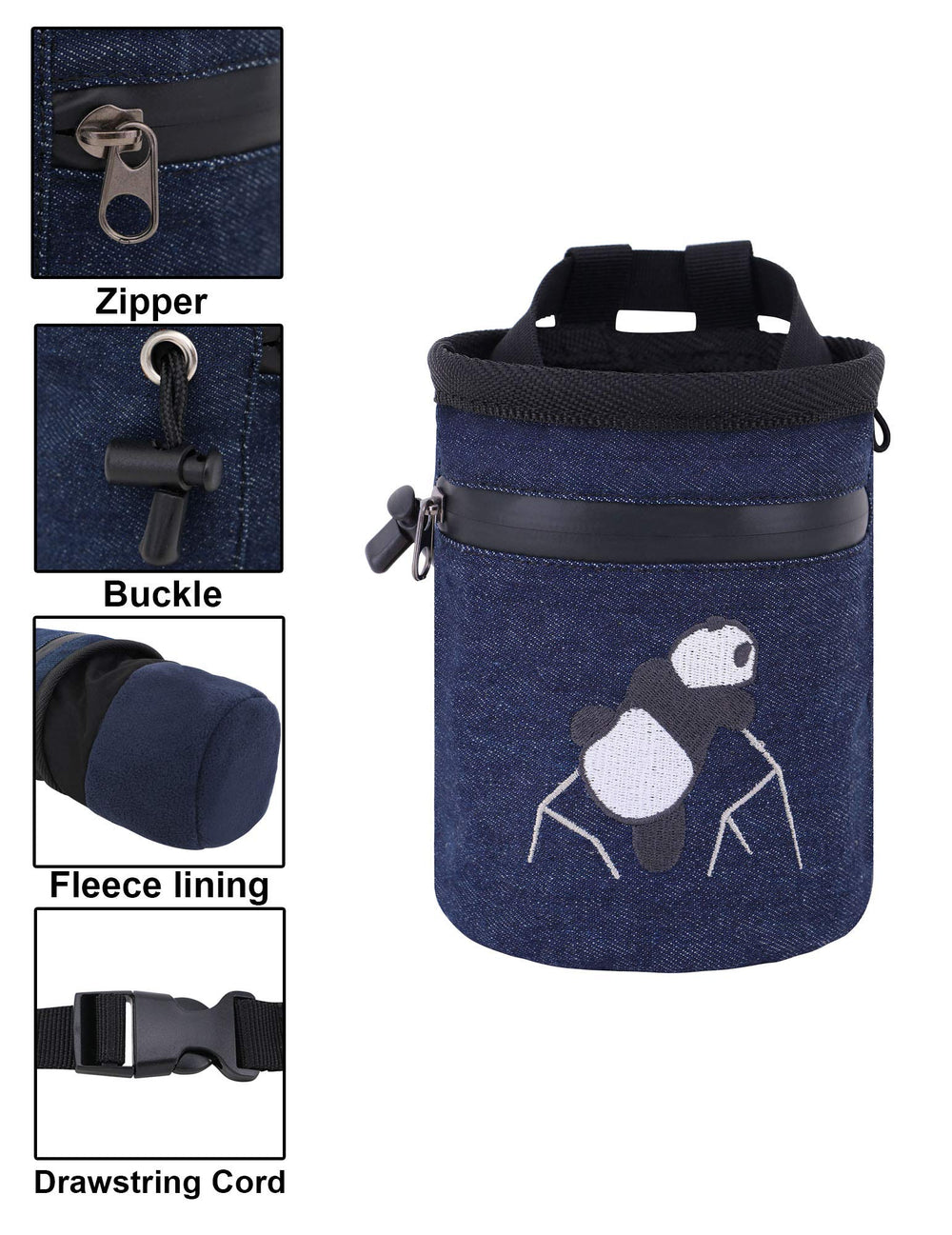 AMC Panda chalk bag denim blue with waterproof exterior for rugged sessions.