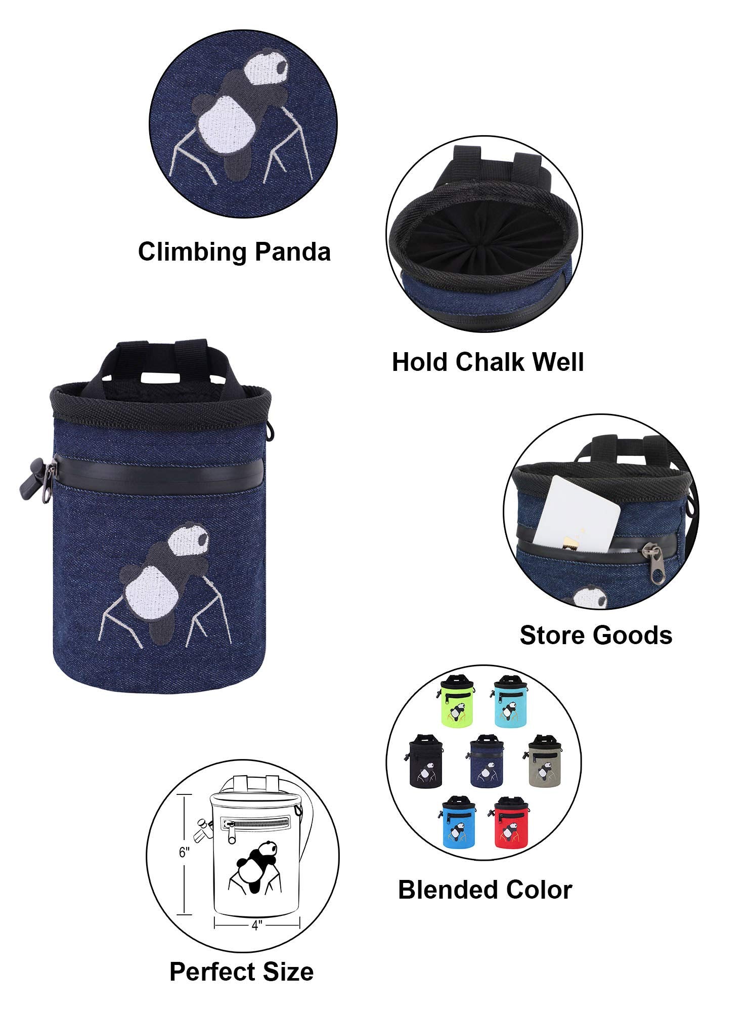 AMC rock climbing panda chalk bag denim blue adjustable belt for sport, gym, and bouldering.