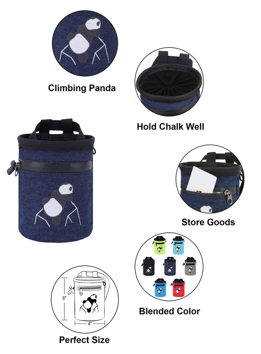 AMC rock climbing panda chalk bag denim blue adjustable belt for sport, gym, and bouldering.
