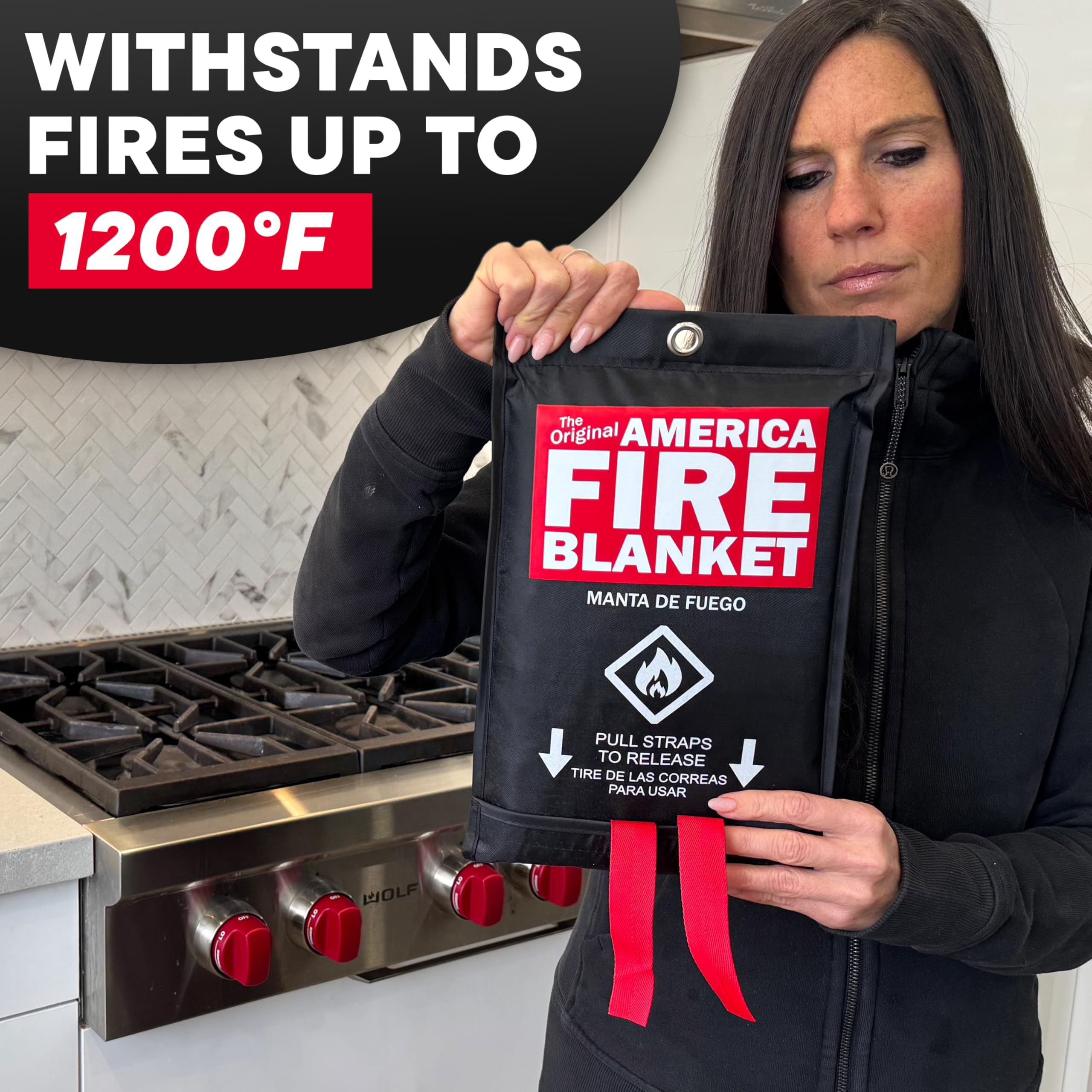 America Fire Blanket ready-in-seconds action shot demonstrates quick deployment under pressure