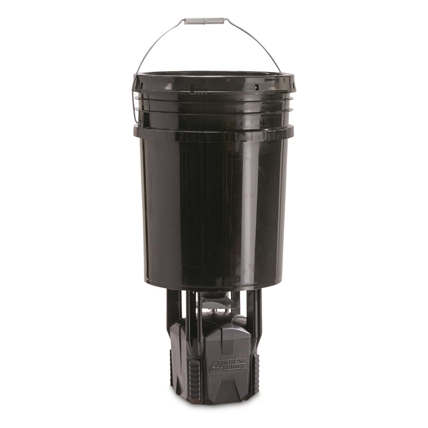 American Hunter 5-gallon digital hanging bucket feeder, front view, for steady wildlife feeding.