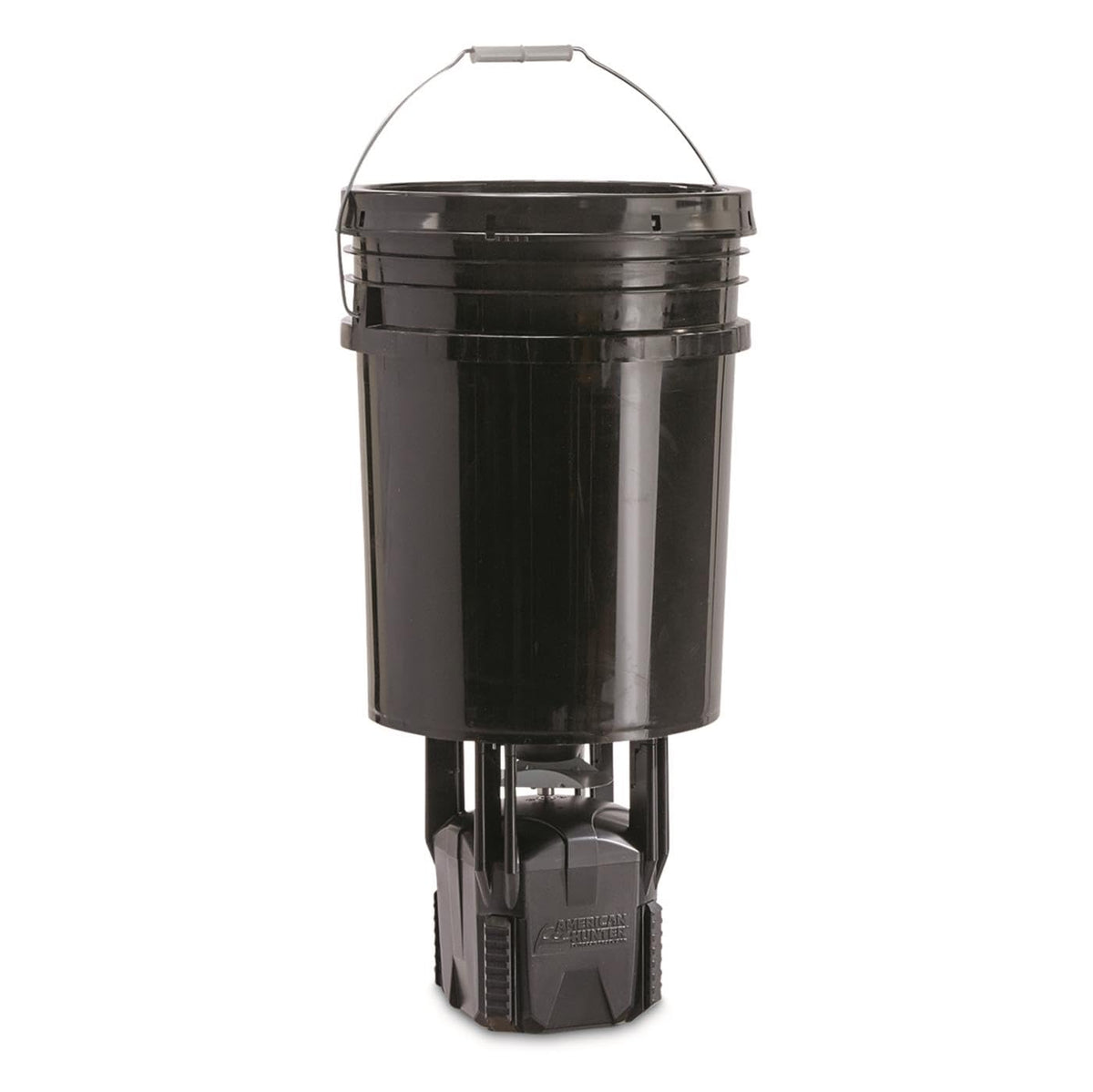 American Hunter 5-gallon digital hanging bucket feeder, front view, for steady wildlife feeding.
