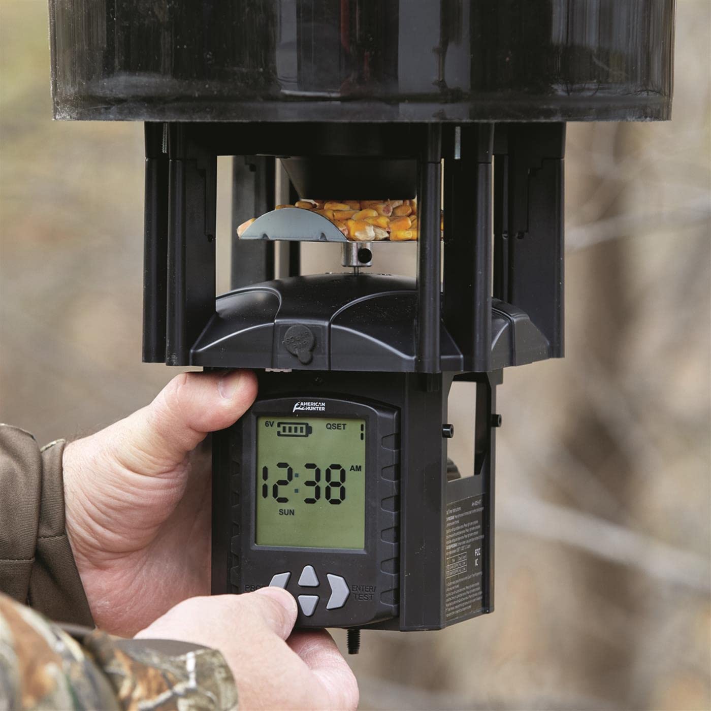 American Hunter feeder side view with weather-resistant design for outdoor use.