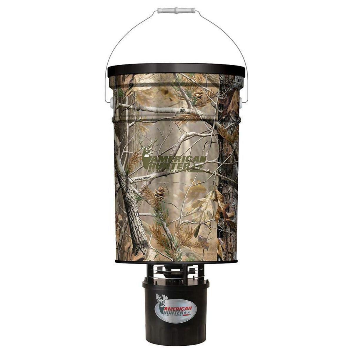 American Hunter 50lb hanging feeder with automatic delivery system provides consistent deer nutrition.
