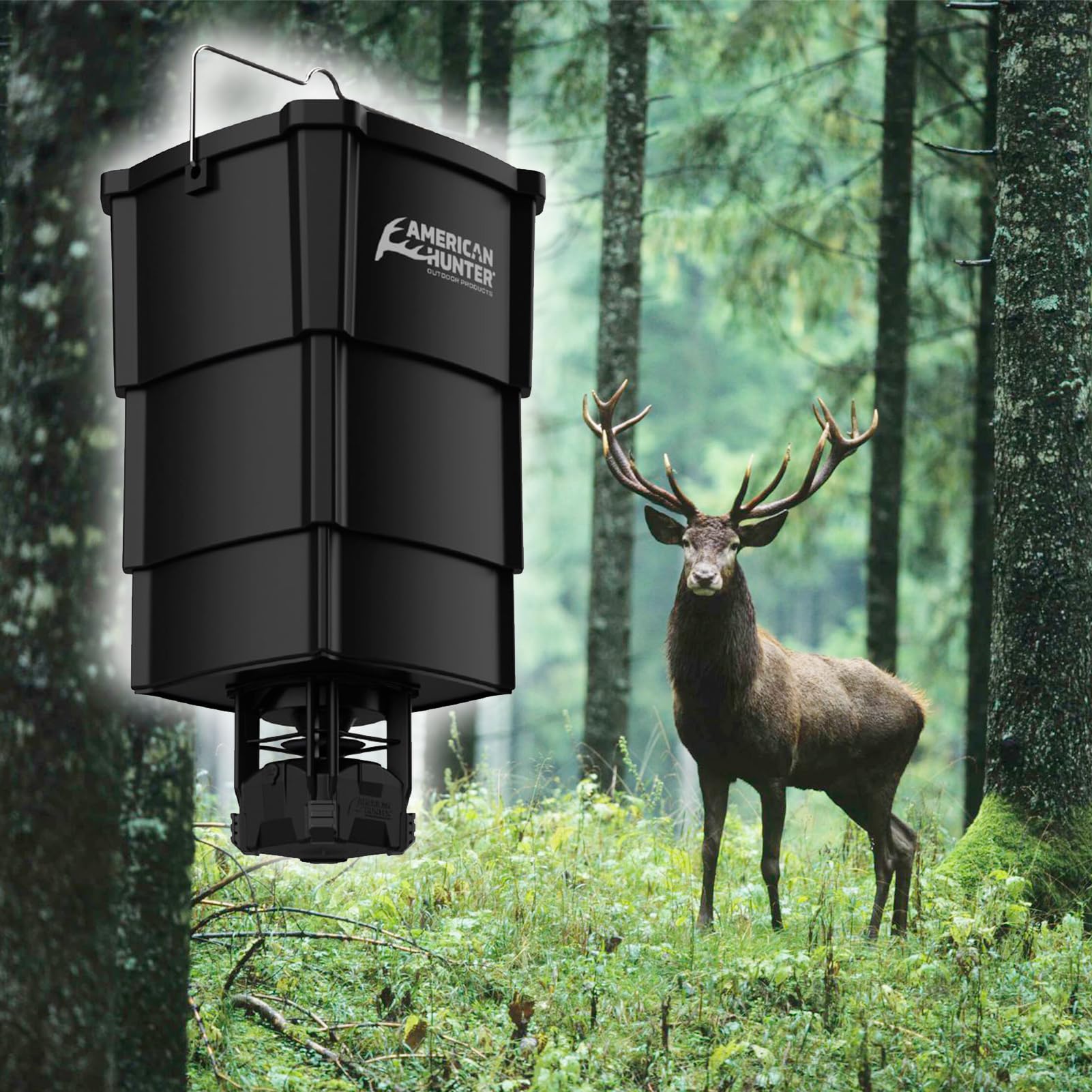AMERICAN HUNTER battery-powered feeder runs on 4 AA batteries for cordless use