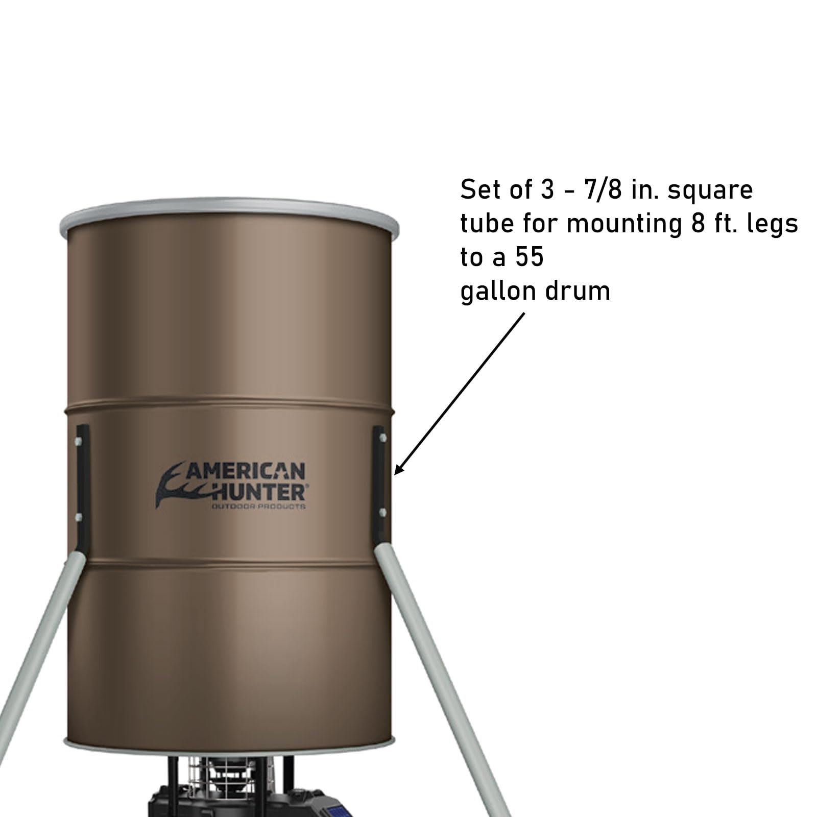 American Hunter 3 adapters with legs elevating a 55-gallon feeder to keep feed dry.