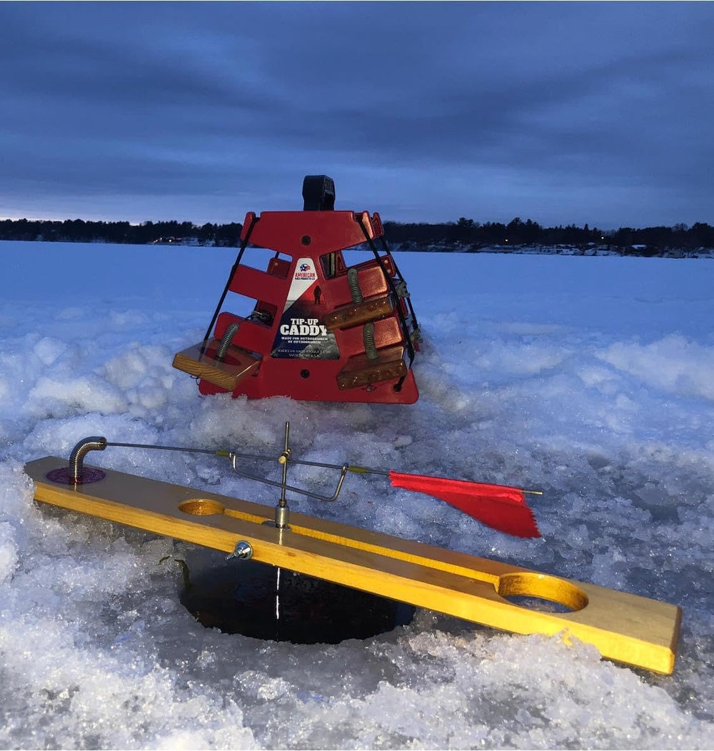American Made Products LLC Tip Up Caddy blue in-use on ice for fast tip-up handling