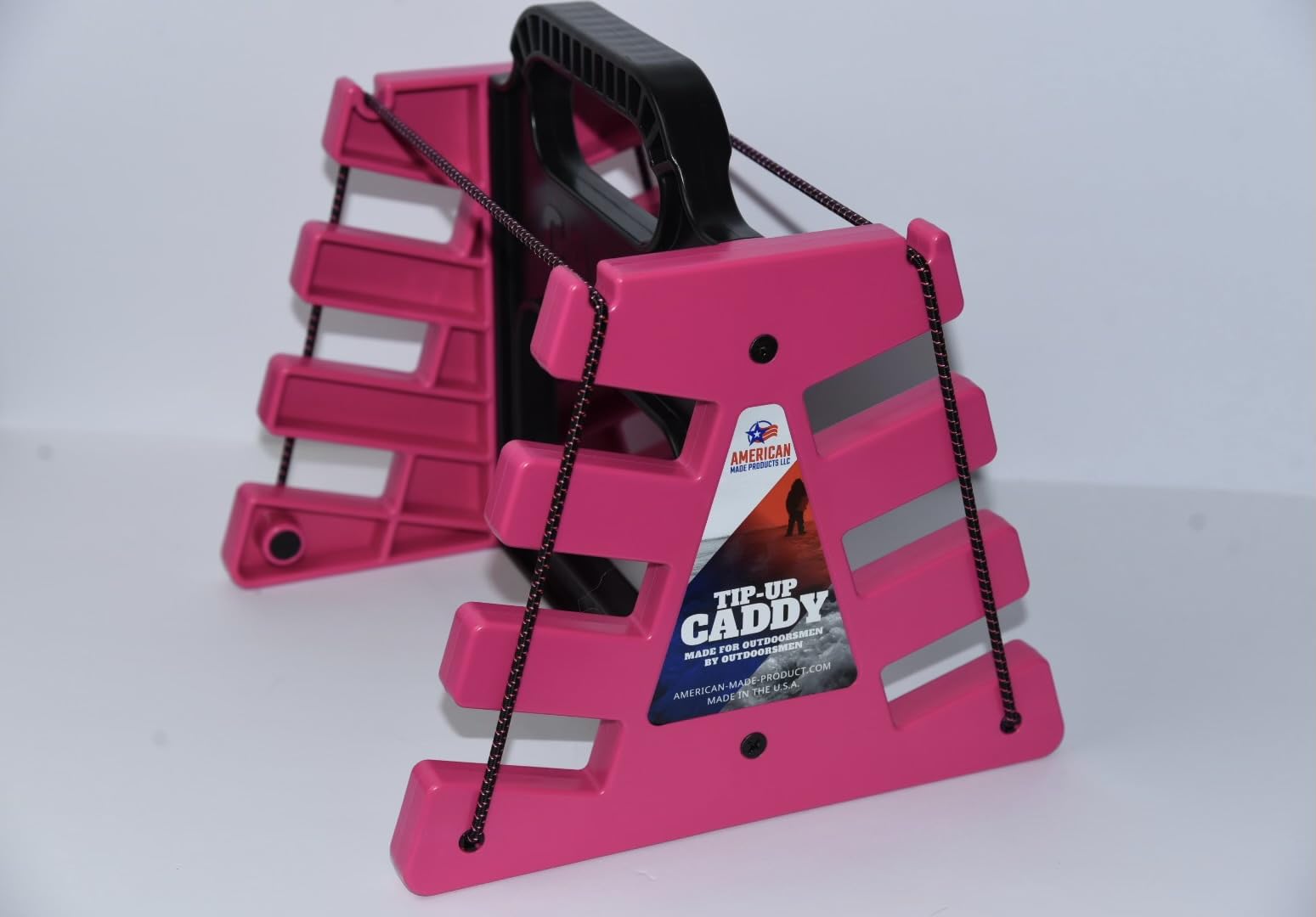 American Made Products LLC Tip Up Caddy pink front view for organized ice fishing gear.