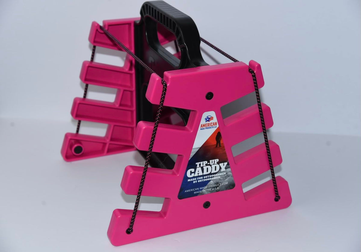 American Made Products LLC Tip Up Caddy pink front view for organized ice fishing gear.