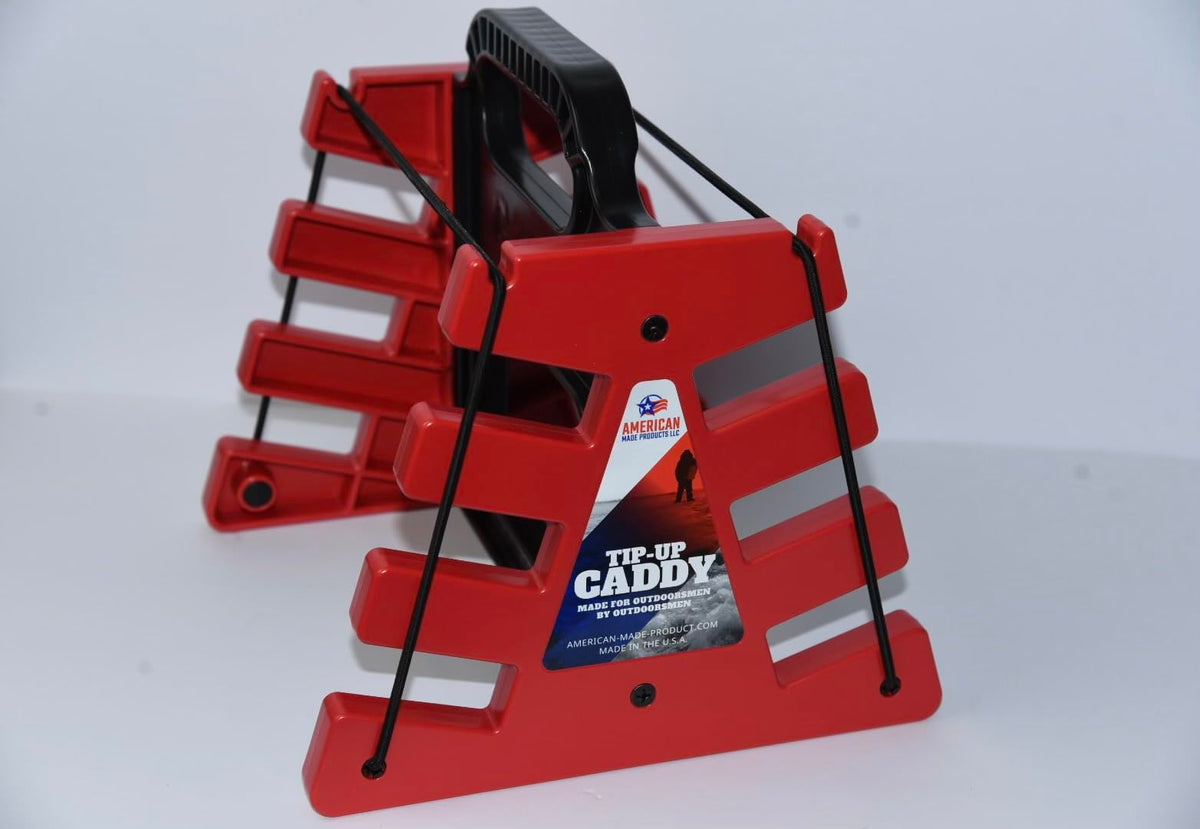 American Made Products LLC Tip Up Caddy red front view aids organized ice fishing gear.
