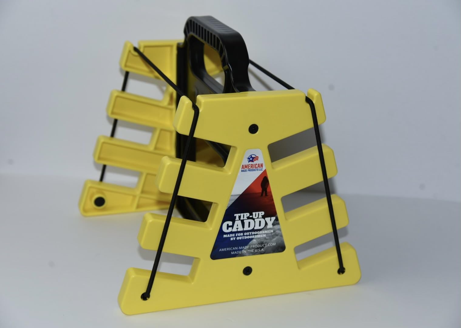 American Made Products LLC Tip Up Caddy Yellow holds six tip-ups for quick access