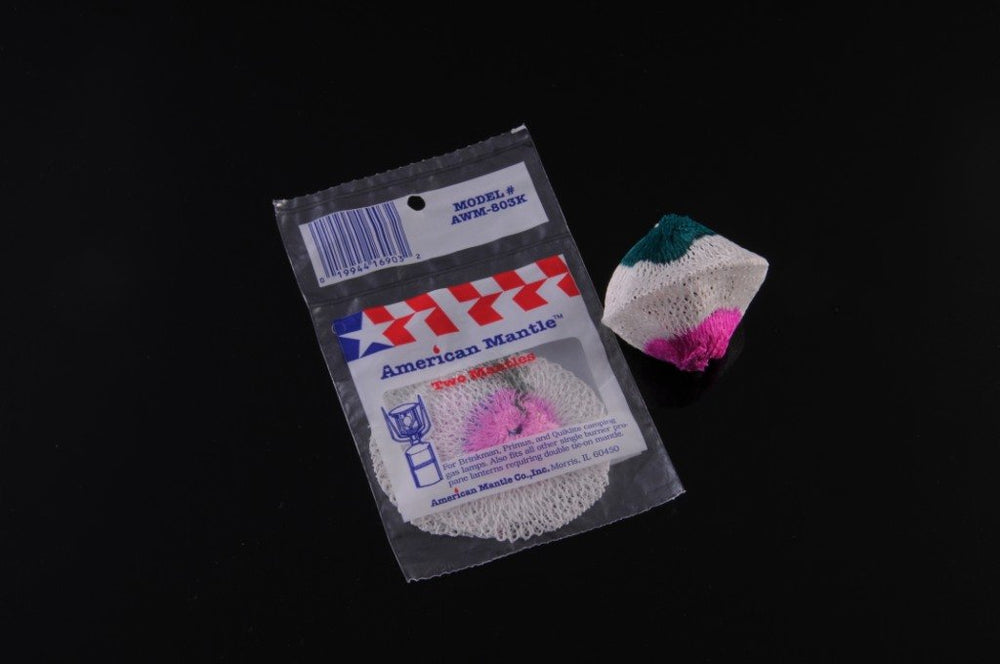 American Mantle double-tie mantle knotted ends, two packs of two mantles for ready replacements.