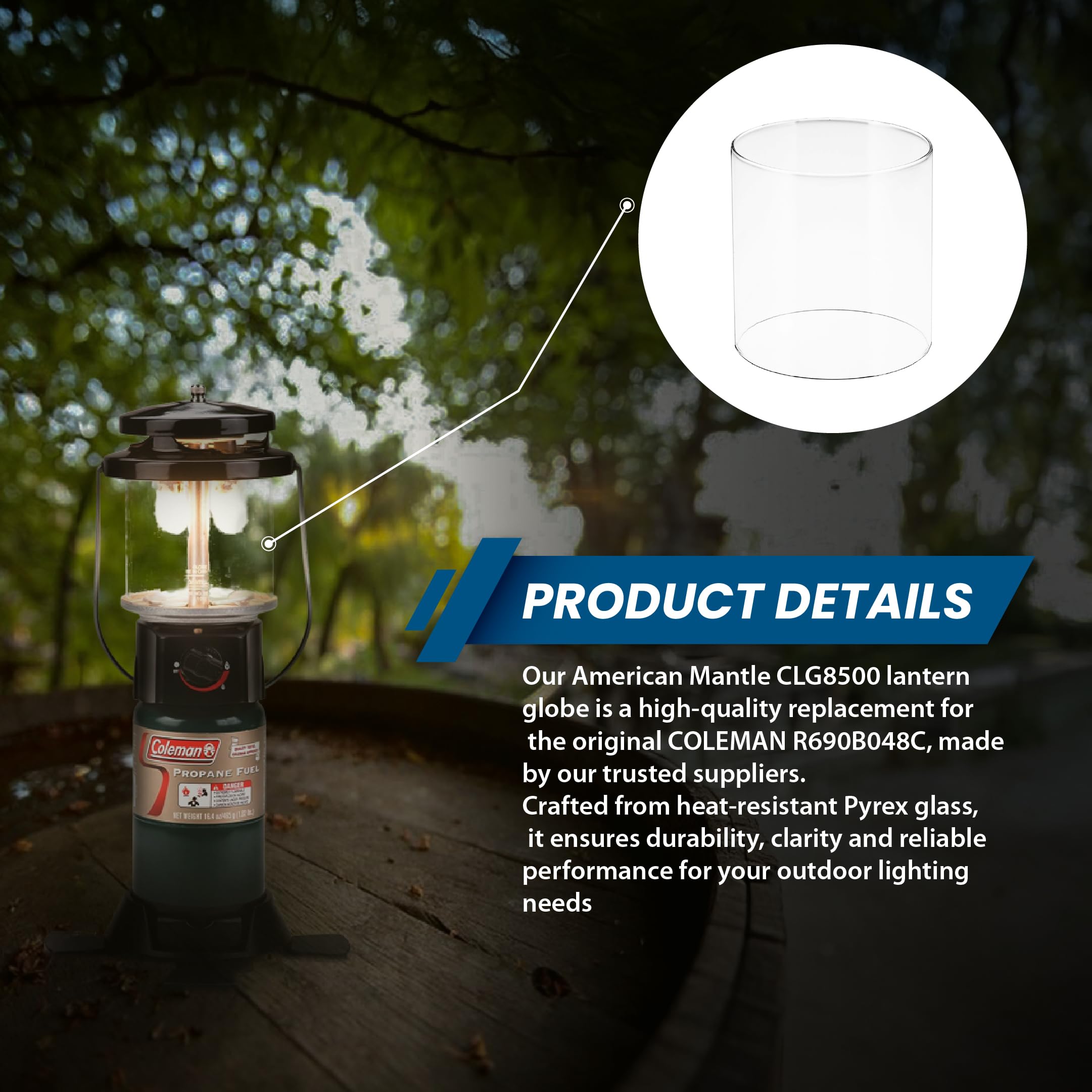 American Mantle globe with 5.31 inch height for balanced light distribution.
