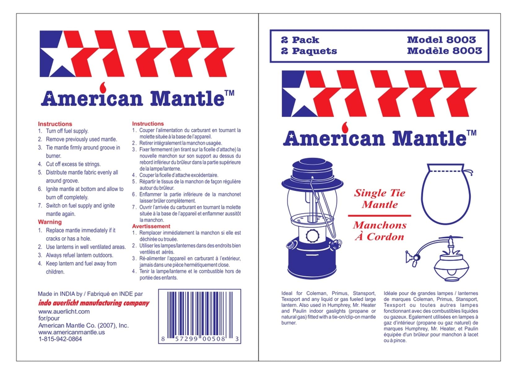 American Mantle compatible with Coleman Style 11 mantles for easy replacement