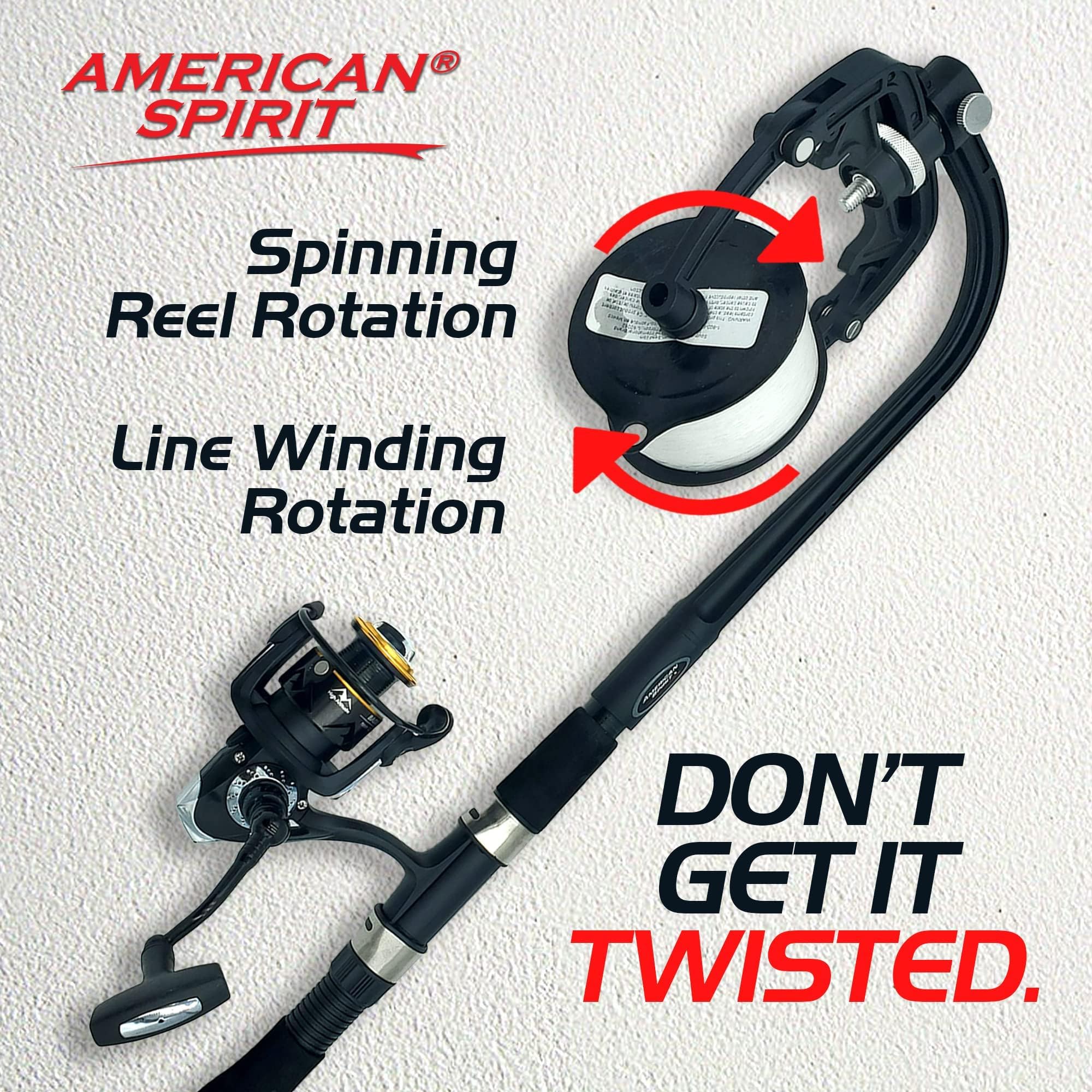 American Spirit line winder used with a baitcasting reel to help prevent twists.