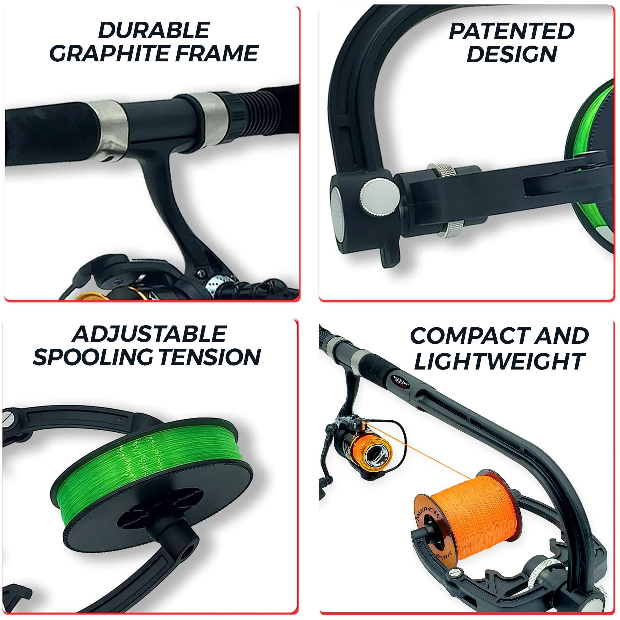 American Spirit line winder in use on a spinning reel for quick setup.