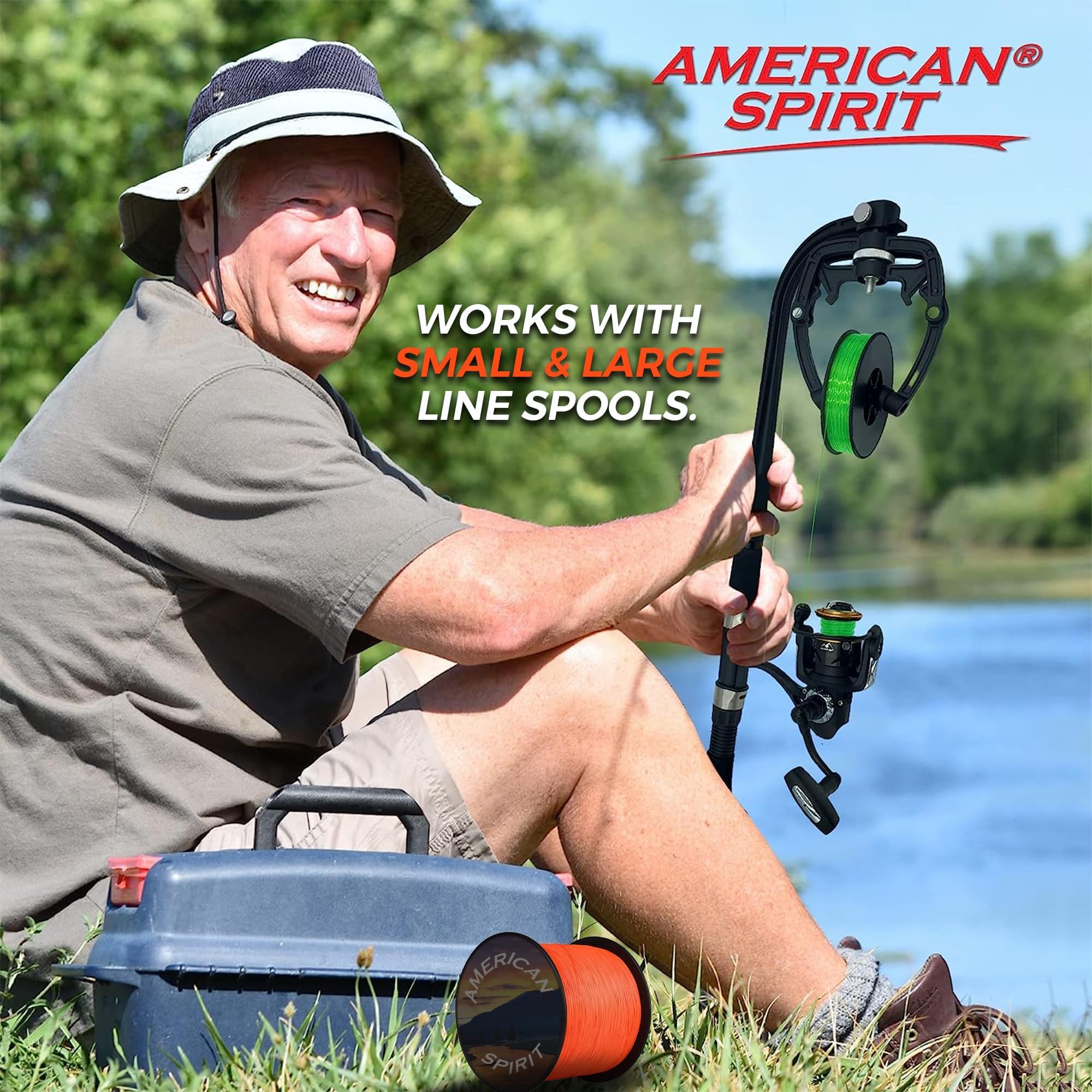 American Spirit line winder features spring-loaded holding plate for accurate reel-to-spool alignment.