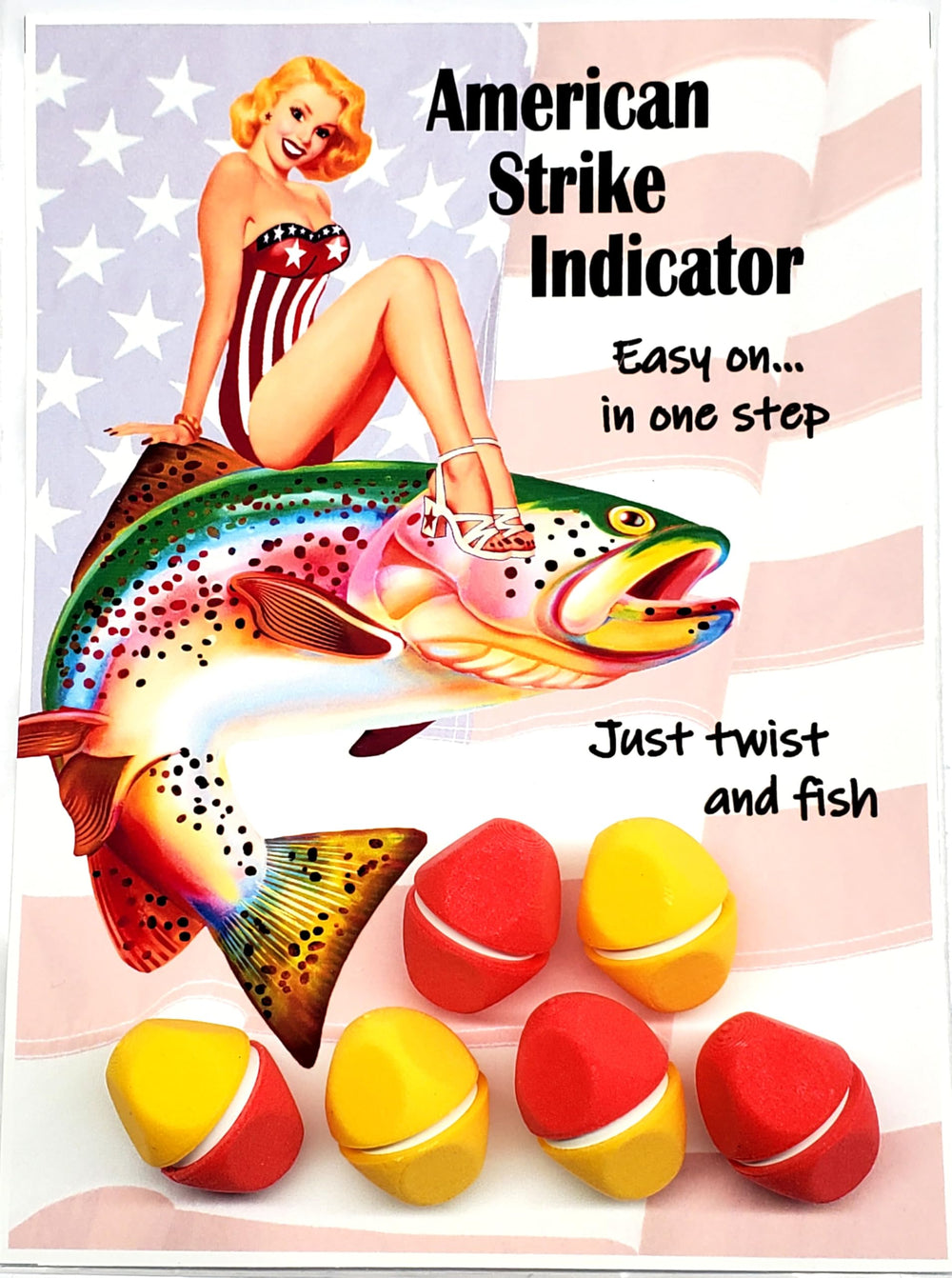 American strike indicator fly fishing float in red and yellow, one-piece design