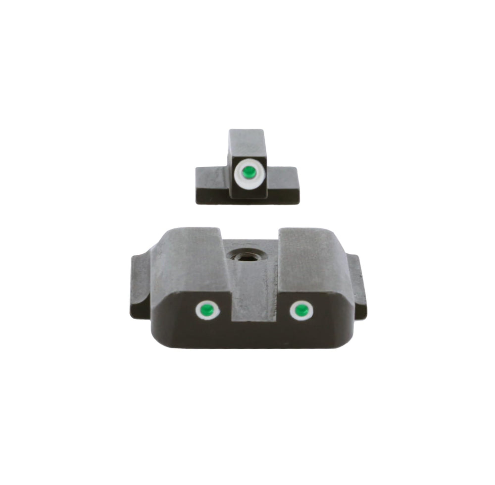 AmeriGlo Ghost Ring rear sight with aperture two-dot green tritium for low-light accuracy.