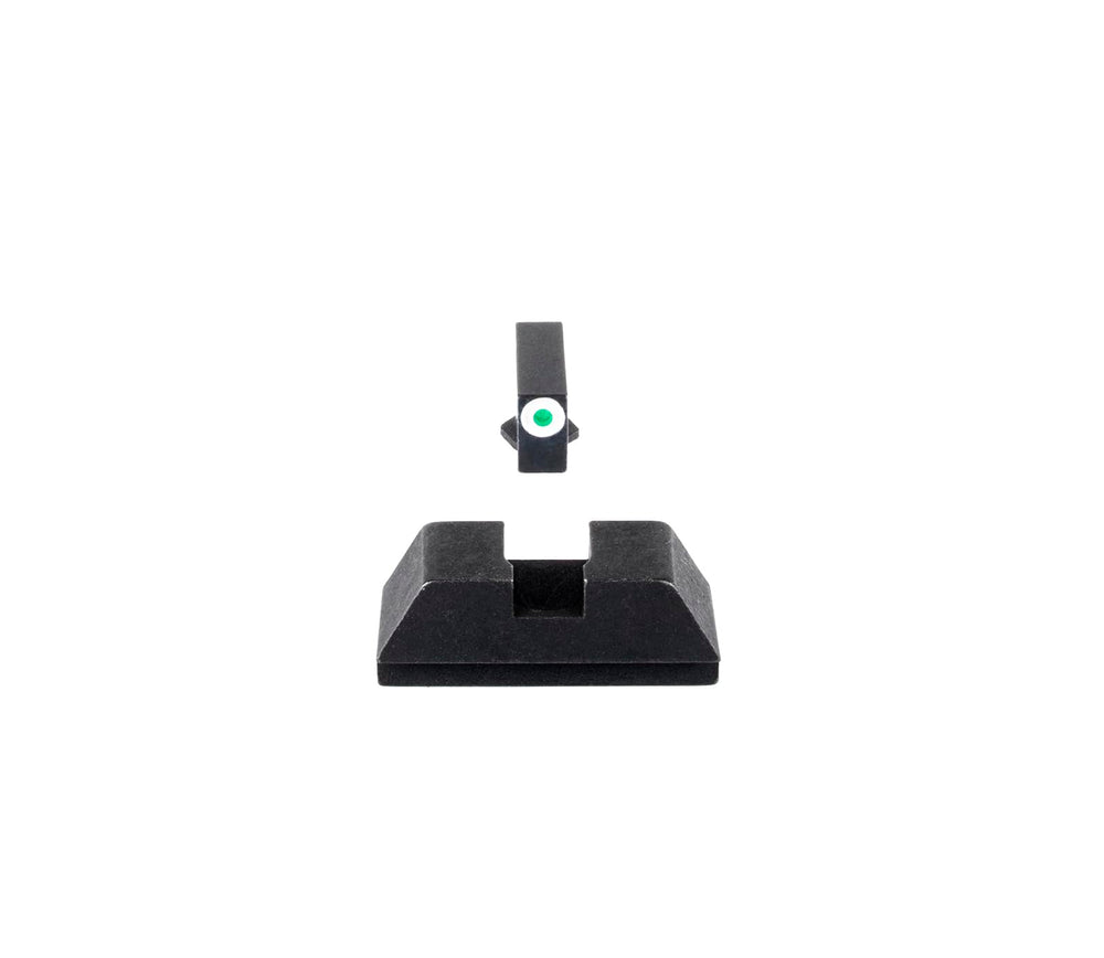AmeriGlo Glock sight set, rear view, white-outline for quick alignment with optics.