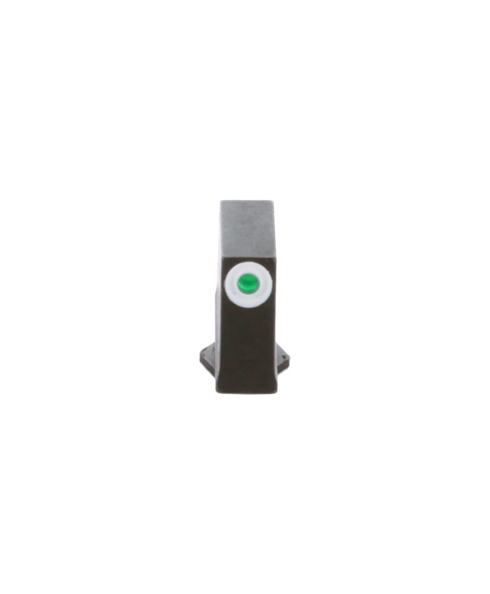 Close-up of AmeriGlo front sight shows green tritium glow for quick acquisition.