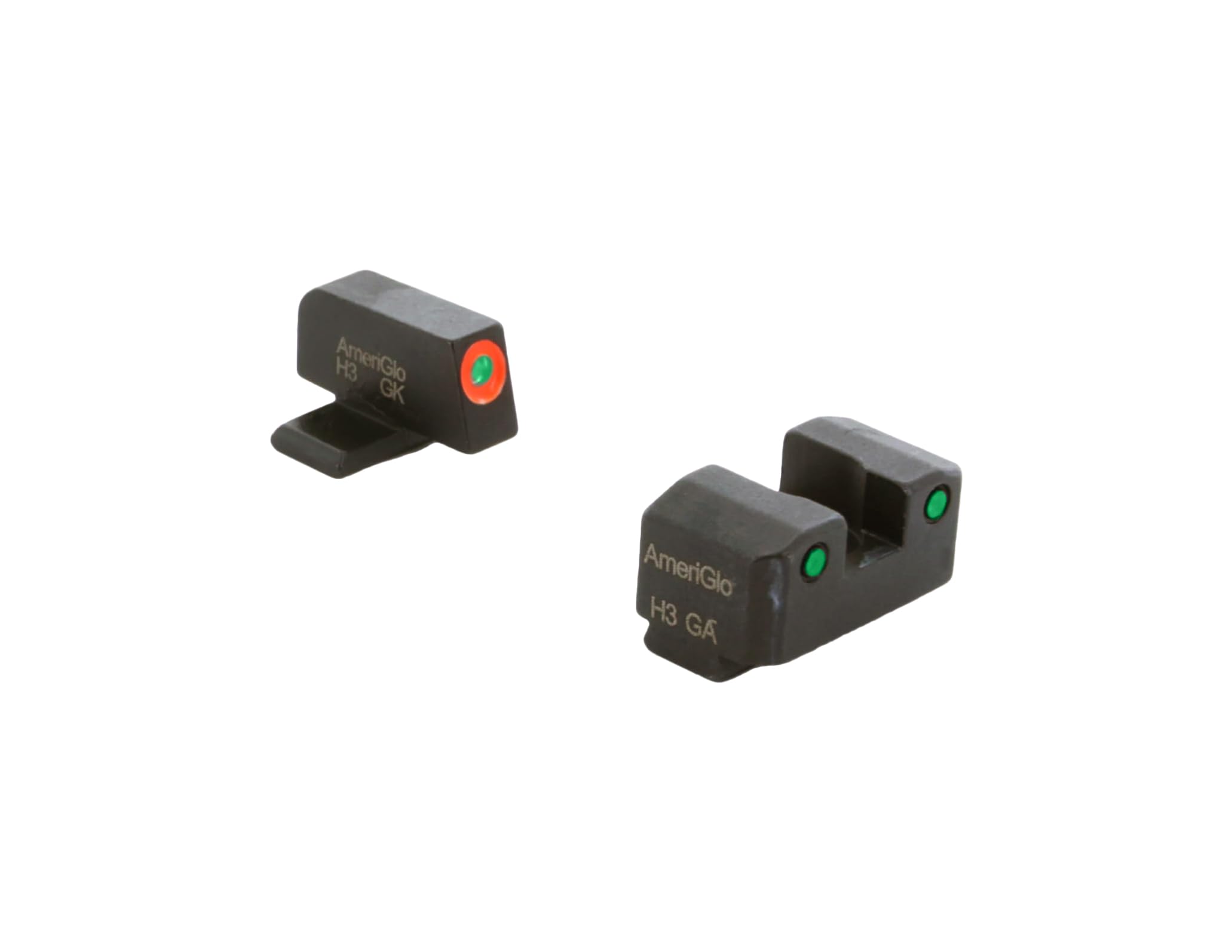 AmeriGlo Trooper Series three-dot green tritium front with orange outline enhances quick targeting