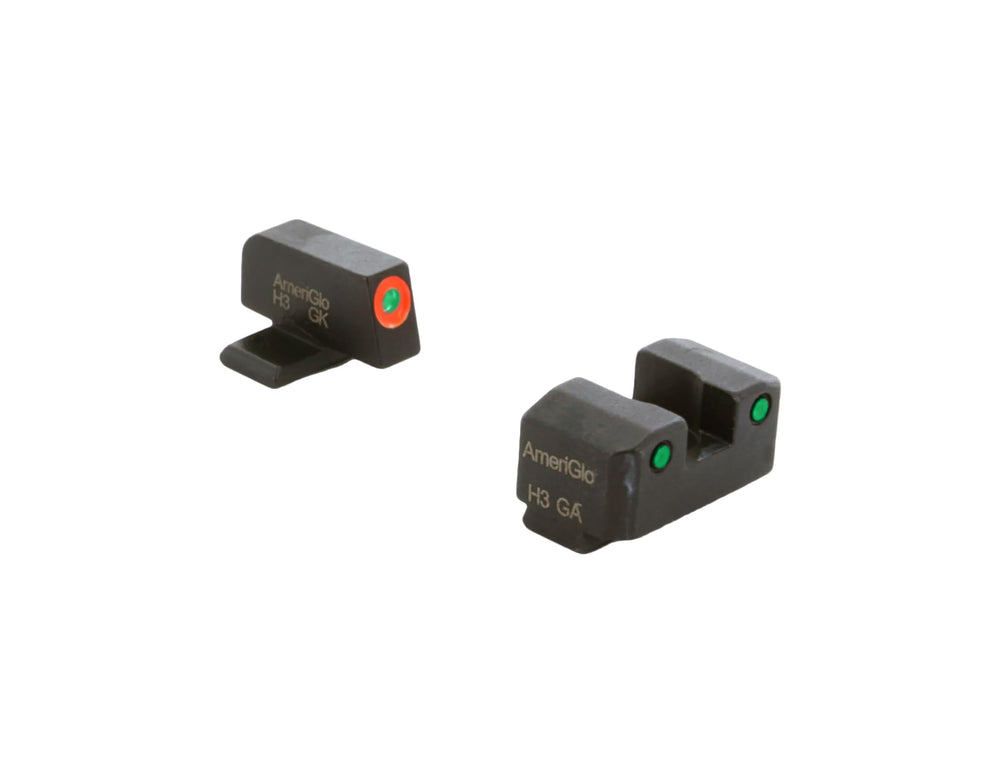 AmeriGlo Trooper Series three-dot green tritium front with orange outline enhances quick targeting