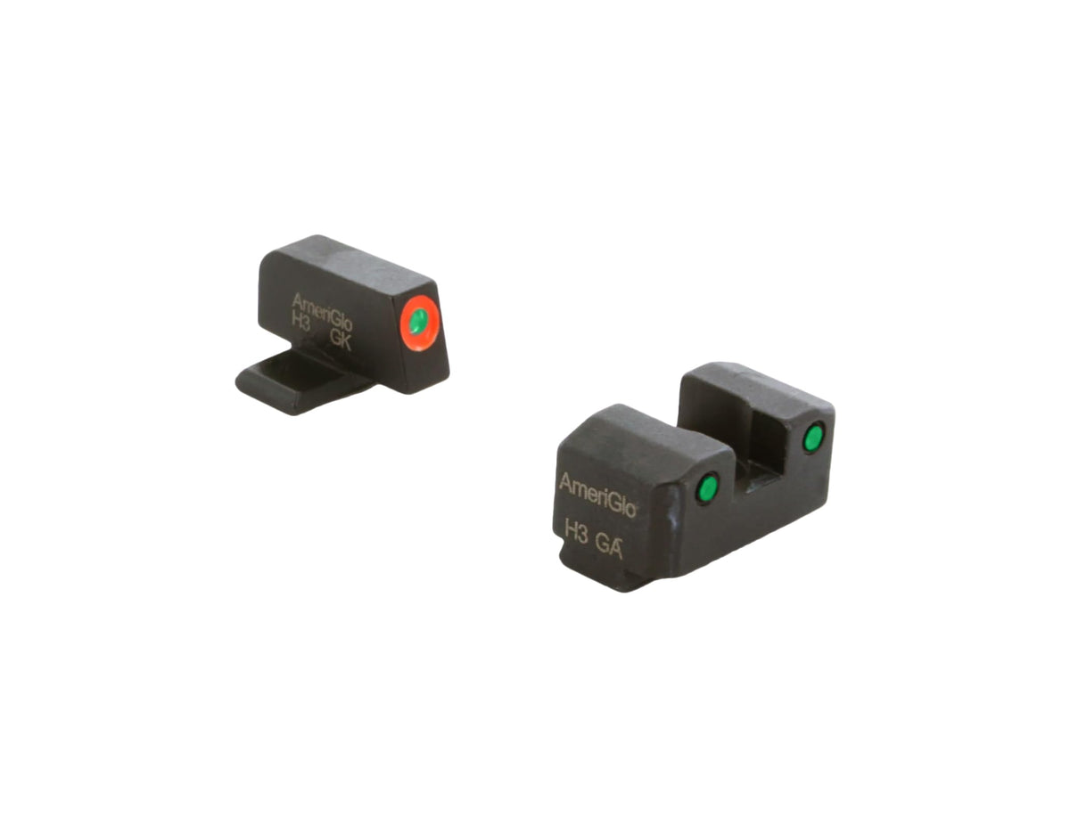 AmeriGlo Trooper Series three-dot green tritium front with orange outline enhances quick targeting