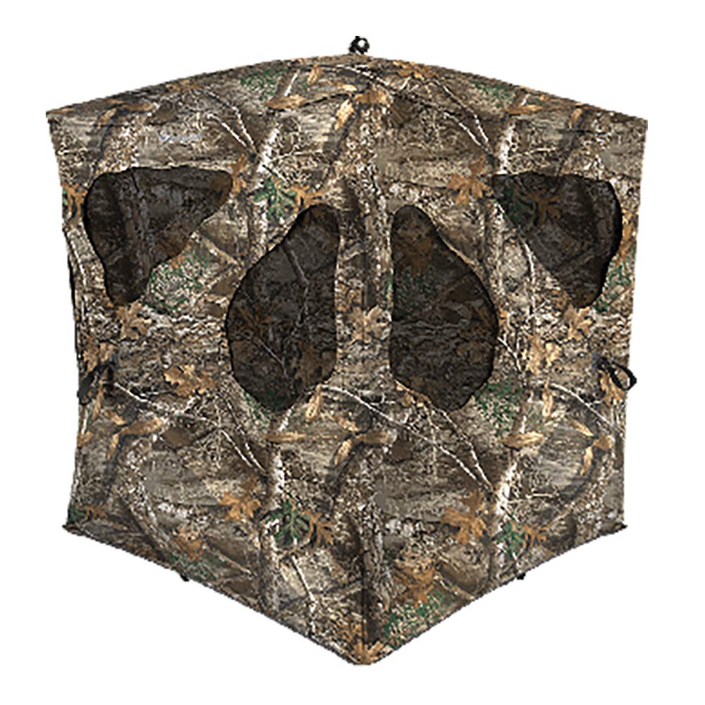 Ameristep Silent Brickhouse Ground Blind in Mossy Oak Break-Up blends with terrain for stealthy hunts.