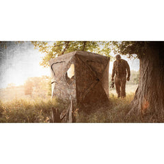 Ameristep Silent Brickhouse hinged door design enables quiet entry and exit in the field.