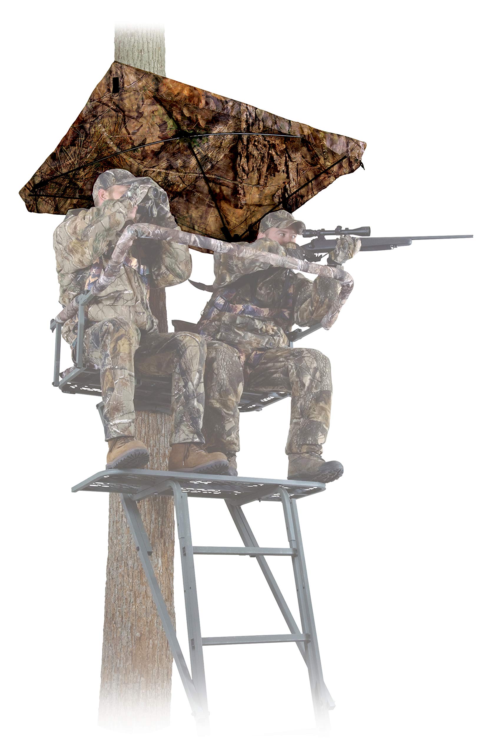Ameristep Treestand Hub Umbrella in Mossy Oak Break-Up Country shields two hunters from rain and sun.