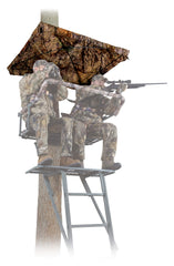 Ameristep Treestand Hub Umbrella in Mossy Oak Break-Up Country shields two hunters from rain and sun.