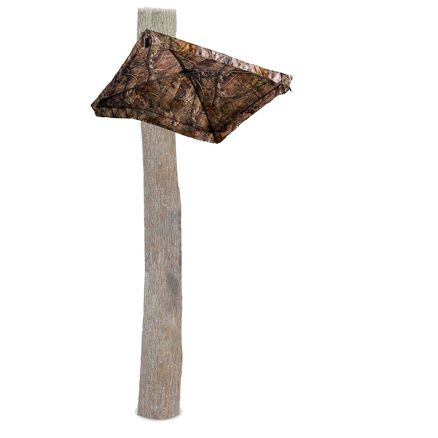 Ameristep Treestand Hub Umbrella mounted on the tree with high-wind straps for secure use.