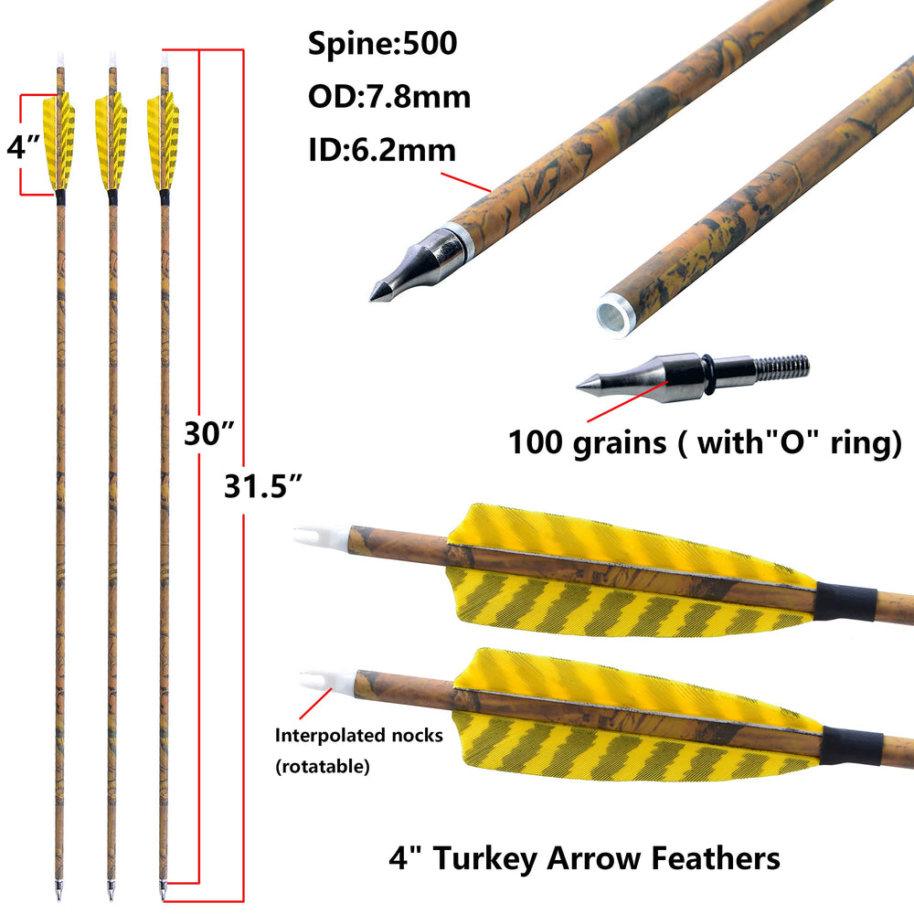 AMEYXGS camo arrow 100gr detachable tip allows easy tip swaps for targets.