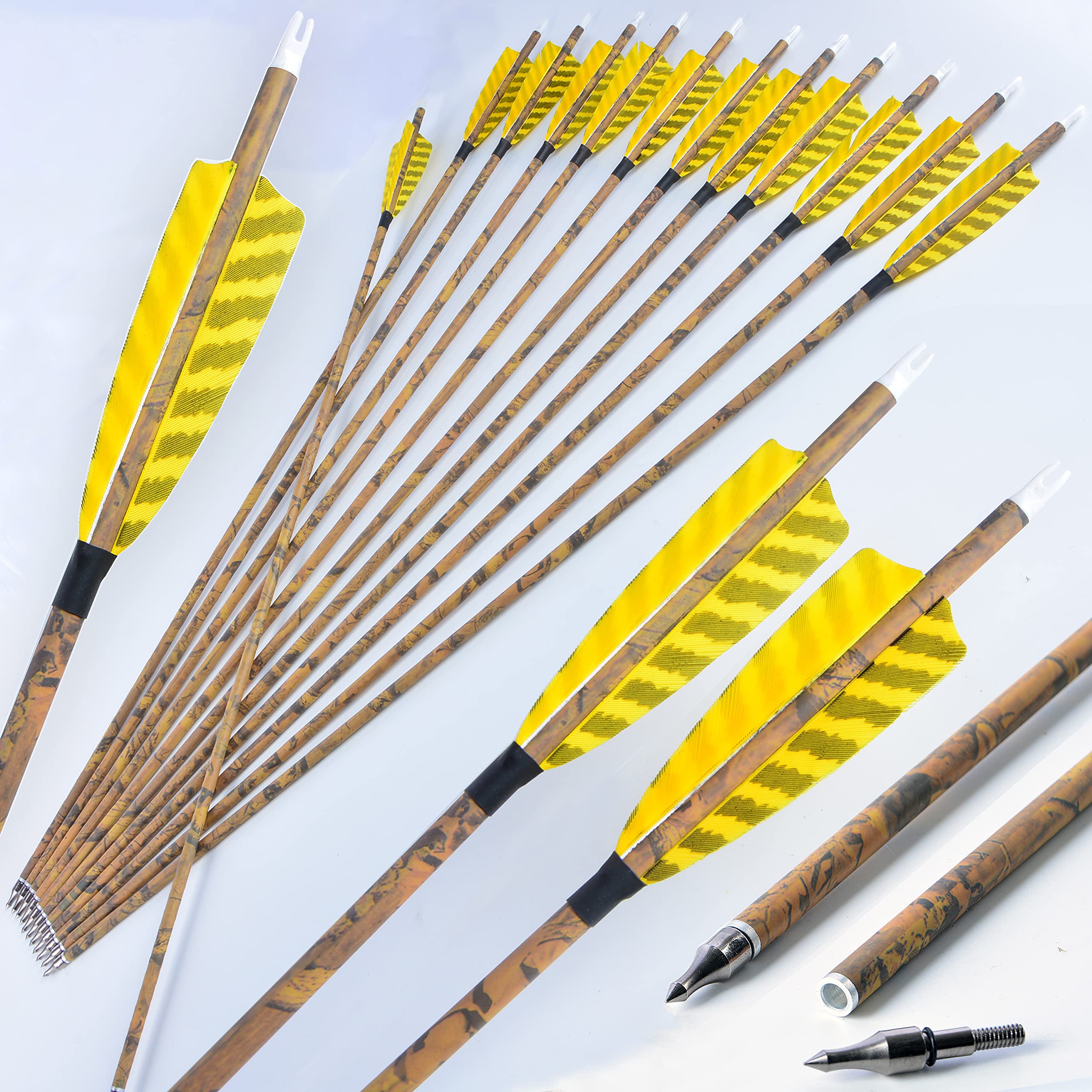 AMEYXGS camo carbon arrow 30in assembled for versatile recurve and compound bow practice.
