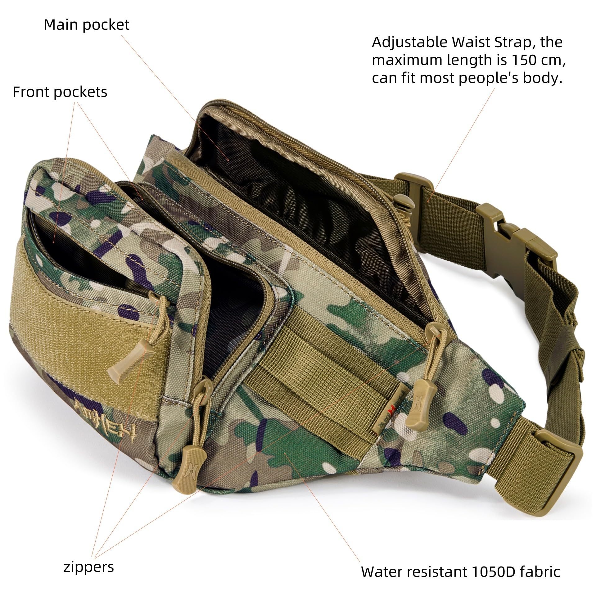 AMHEH 3.5L tactical fanny pack adjustable strap fits most men's waists for versatile wear