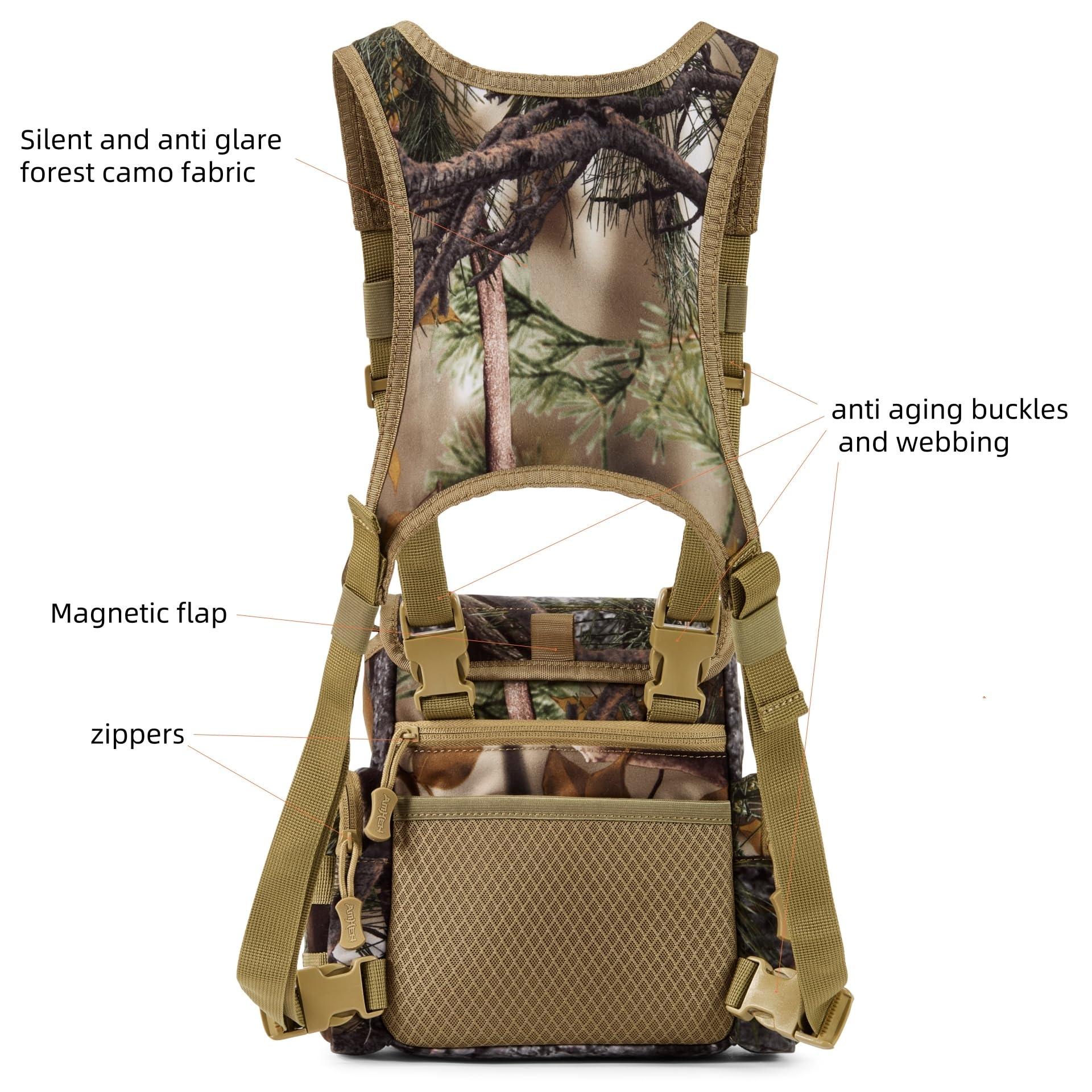 AMHEH binocular harness magnetic flap delivers silent, secure lid in the field.