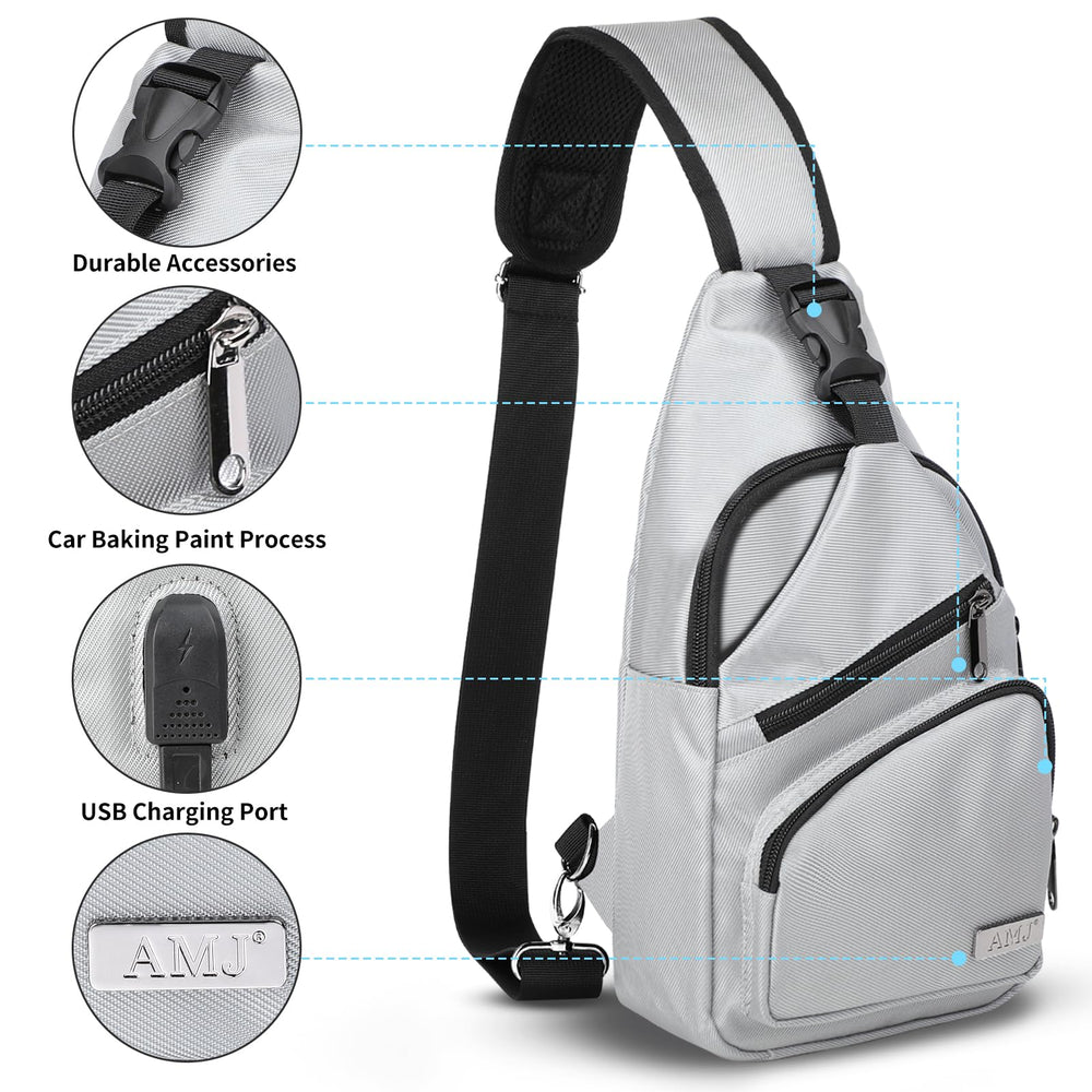 AMJ sling bag multi-pocket focuses on organized storage for phone, wallet, and keys.