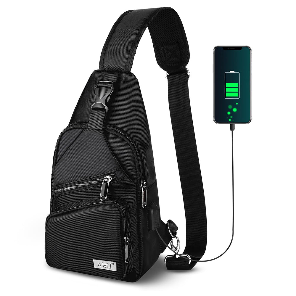 AMJ crossbody sling bag nylon material closeup shows durable soft-touch fabric