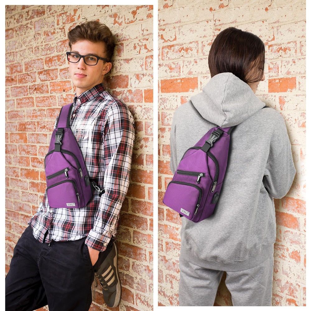 AMJ crossbody sling bag purple compact-dimensions 13-8x8-4-3 ideal for tight spaces and organizing essentials.