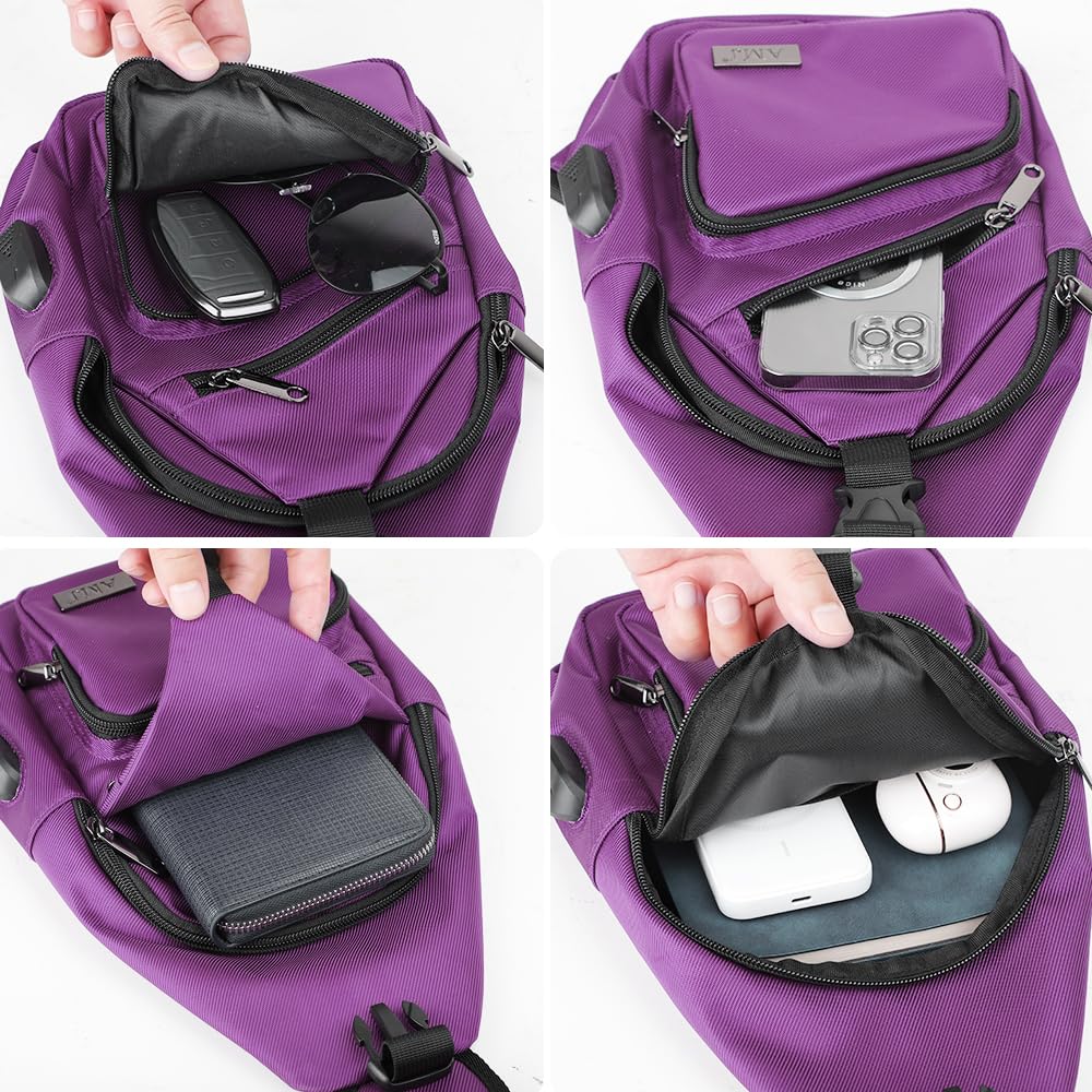 AMJ crossbody sling bag purple hiking-travel-ready design suited for hiking, commuting, and casual outings.