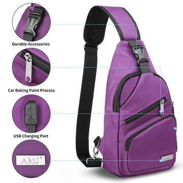 AMJ crossbody sling bag purple multi-pocket organization demonstrates ample storage for phone, wallet, and keys.