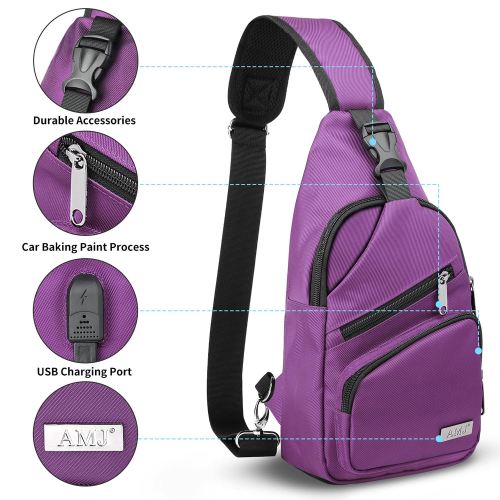 AMJ crossbody sling bag purple multi-pocket organization demonstrates ample storage for phone, wallet, and keys.