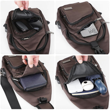 AMJ crossbody sling bag small brown material closeup highlights durable nylon surface