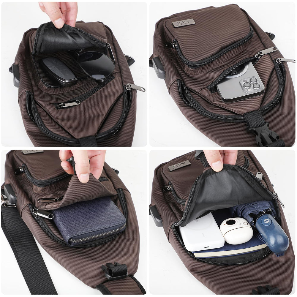 AMJ crossbody sling bag small brown material closeup highlights durable nylon surface